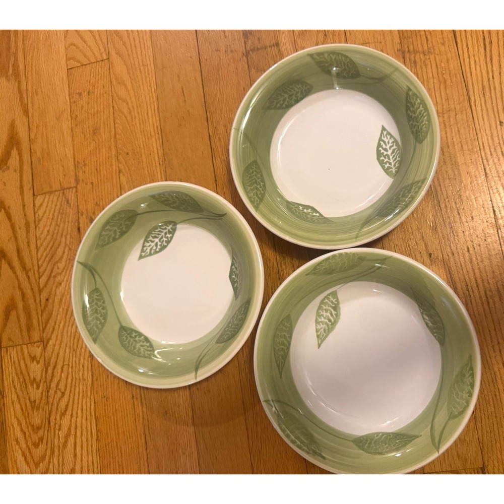 Pier 1 Folia Green & White Leaf Pattern Ceramic Bowls Set of 3, Italy
